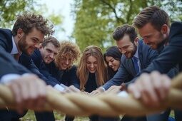 Eine Gruppe lachender Menschen im Anzug beim fröhlichen Kräftemessen im Genusshotel Wenisch.
